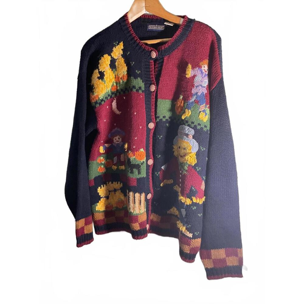 Vintage  Herman Geist Fall Scarecrow Knit Cardigan Sweater/ Gingham buttons XL